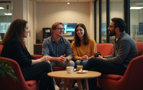 Team members having a casual conversation during a break