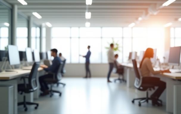 Modern open office space with employees working